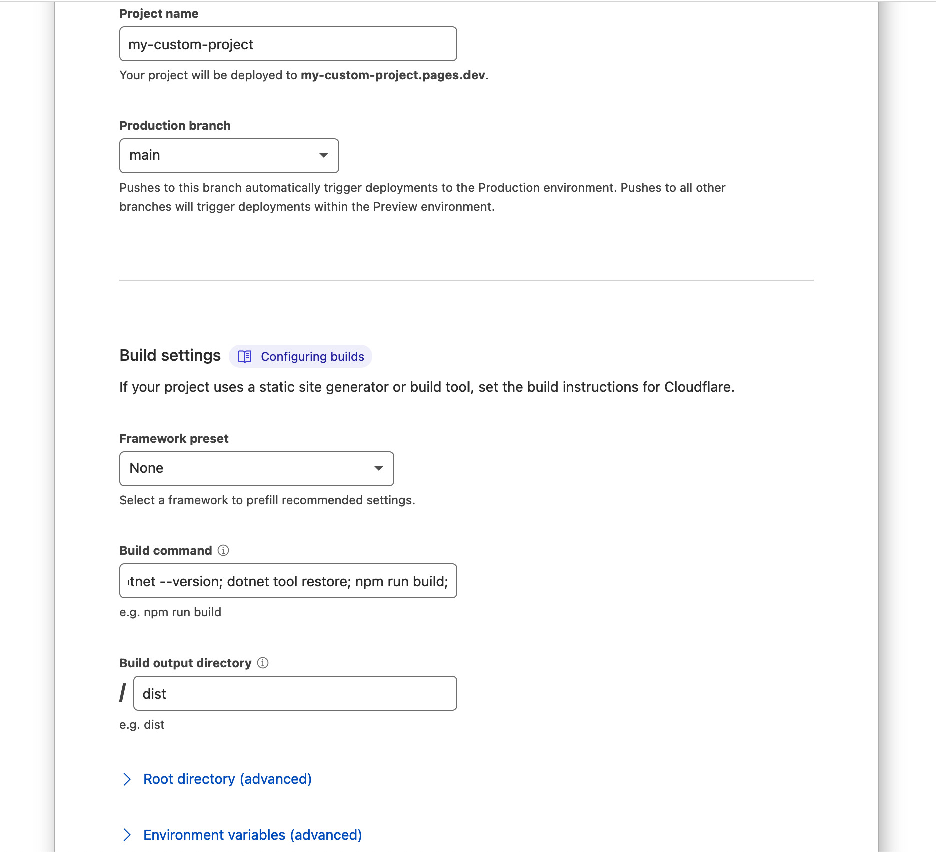Screenshot of build configuration